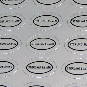 100 Adhesive Labels  "STERLING SILVER"  Small size Oval 1/2" x 5/16" ~ Perfect for Jewelry + Metal Identification Easy to peel & stick