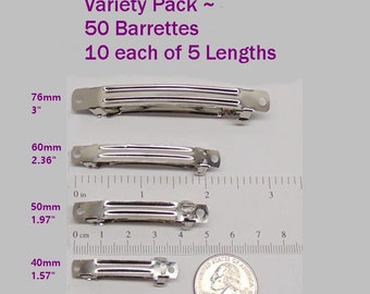 50 Hair BARRETTES Clip Findings ~ Variety Pack ~ 10 each x 5 Lengths 30mm 40mm 50mm 60m 76mm ~ Blanks ~  1" to 3" ~ French Style Nickel-free