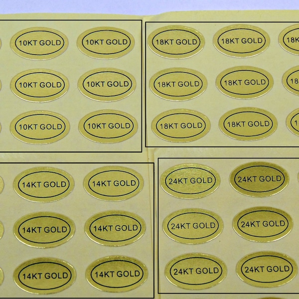 Gold Foil Labels 10KT 14KT 18KT and 24KT GOLD Mixed Pack Peel Off Adhesive Tags Oval 1/2" x 5/16" to Identify Gold Content 14k 18k 24k