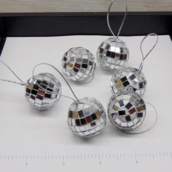 Lot of 48 Mirror Ornaments 1-1/8" Miniature Mini Disco Ball with Silver Metallic Cord ~ Sunlight Reflector ~ 1+ inch round  (3cm / 30mm)