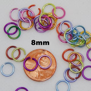 Economy Anodized Aluminum Jump Rings: Mixed Colors, 6mm 8mm 10mm, Nickel Free, Tarnish Resistant 8mm / 18ga / 175 rings