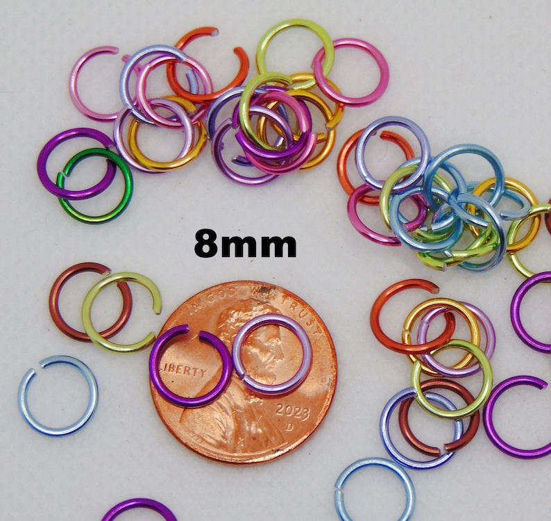 Economy Anodized Aluminum Jump Rings: Mixed Colors, 6mm 8mm 10mm, Nickel Free, Tarnish Resistant 8mm / 18ga / 175 rings