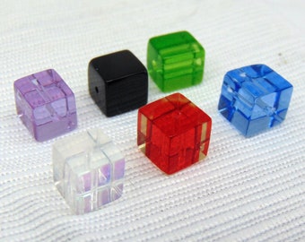 Glass 8mm Cube Square Beads, Bags of 100, Black / AB / Red /  Green / Violet / Light - Med Blue ~ Destash ~ Pre-drilled ~ New Old Stock
