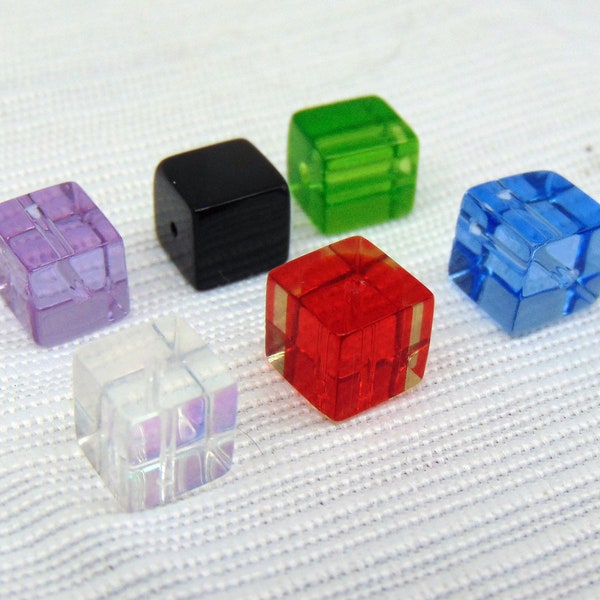 Glass 8mm Cube Square Beads, Bags of 100, Black / AB / Red /  Green / Violet / Light - Med Blue ~ Destash ~ Pre-drilled ~ New Old Stock