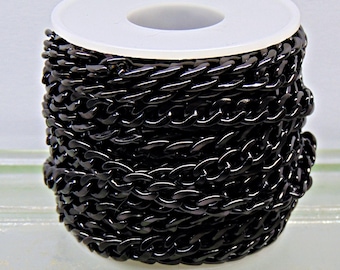 Black 7mm x 10mm Stainless Steel Cuban Curb Chain: Smooth Links Strong chain Bulk Lengths