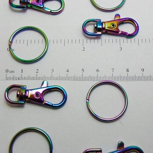 Iridescent Rainbow Findings 38mm Swivel Clips + 25mm Split Key Rings Multi-Color Duochrome  ~ Mix + Match