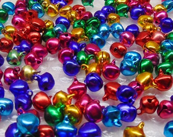 100 JINGLE BELLS Bright Jewel Color Mix 12mm Drops Beads Charms with Top Loop ~ Lightweight Aluminum for Christmas ~ Crafts