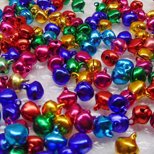 100 JINGLE BELLS Bright Jewel Color Mix 12mm Drops Beads Charms with Top Loop ~ Lightweight Aluminum for Christmas ~ Crafts