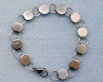 BRACELET BLANKS Forms ~ 11 Round Flat PADS Stainless Steel 7-1/4&quot; Long ~ Disk + Loop You Glue Beads Buttons or Cabochons
