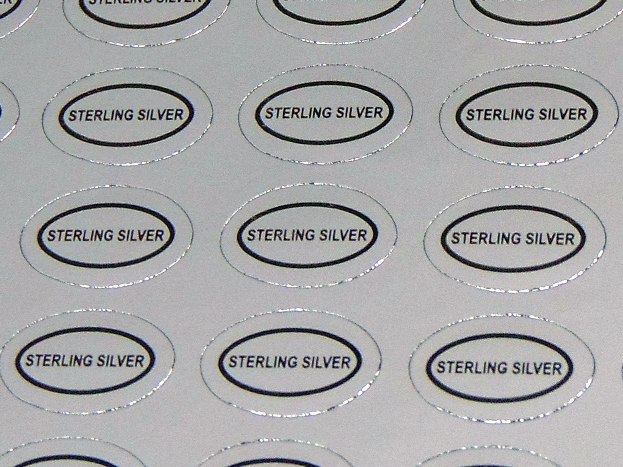 100 Adhesive Labels  "STERLING SILVER"  Small size Oval 1/2" x 5/16" ~ Perfect for Jewelry + Metal Identification Easy to peel & stick