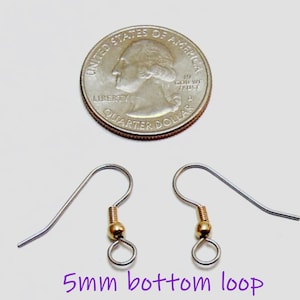 May include: Two silver-toned metal earring hooks with gold-toned beads and a 5mm bottom loop, positioned below a United States quarter coin for scale. The text 5mm bottom loop is printed in purple at the bottom of the image.