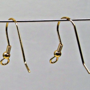 Gold Plated Stainless STEEL EAR WIRES Facing Forward Loop French Hooks w/ Bead + Coil ~ Perpendicular ~ Gr 304 ~ Sturdy earring ~ 21mm Post