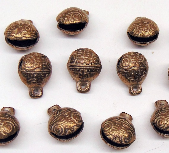 Solid Brass Bells 6 pieces  20mm  width ~ Heavy duty ~ 1" High ~ Great Sound ! Tibetan Style ~ Clamshell shape Embossed Tiger Face
