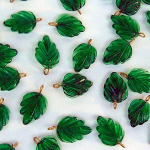 Emerald Green Glass Leaf Charms with Brass Loop ~ Small 11mm x 15mm (.43" x .55") Transparent Spring Summer Leaves Drops ~ Beads  ~50 or 100