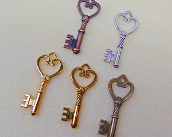 Heart Key Pendants ~ Charms ~ Antique Finish ~ Silver Gold Copper Brass ~ 1.75" Long 1-3/4"  ~ Nickel-Free ~ Bulk  Buy 6 or 100