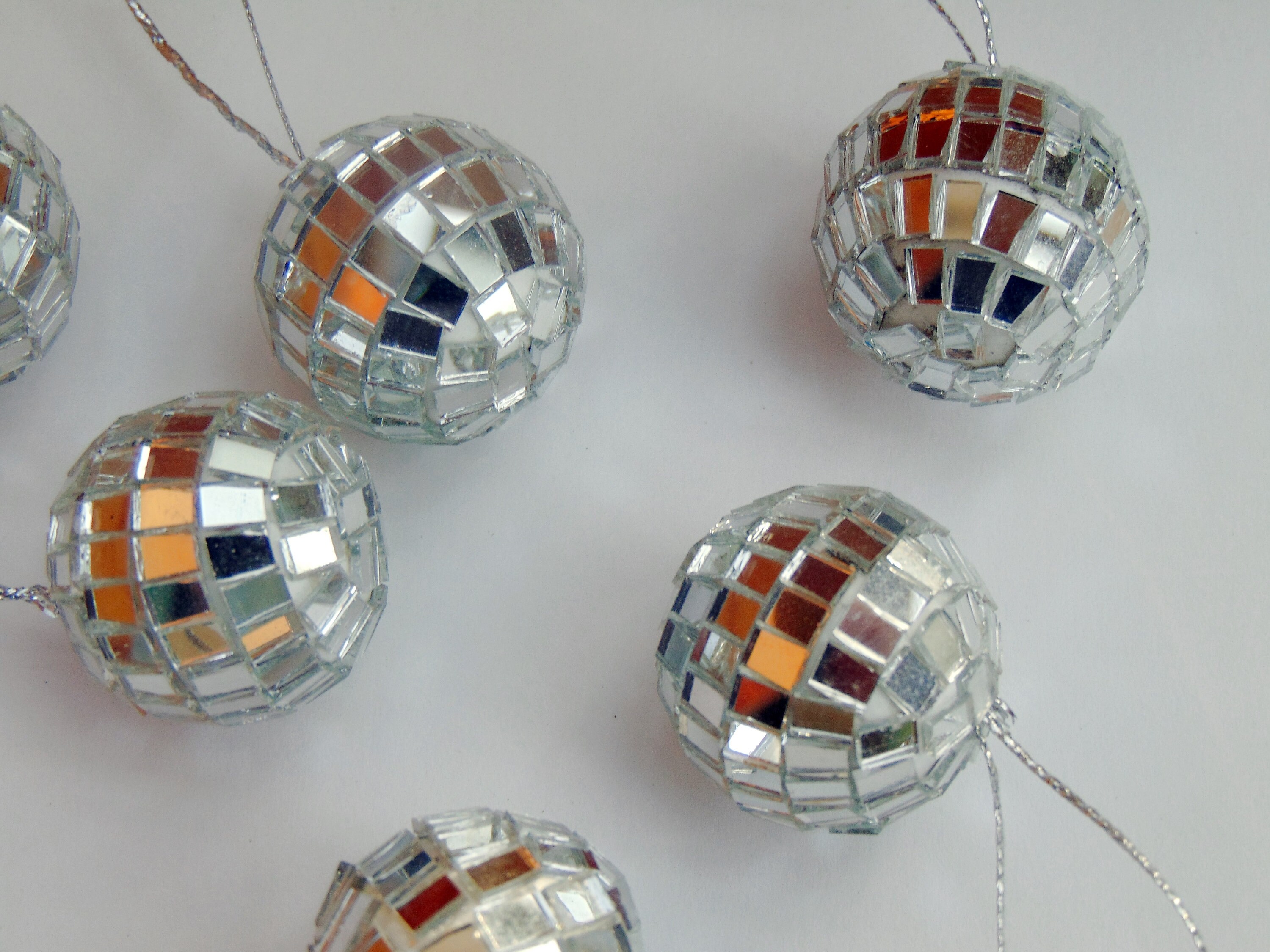 Mini DISCO BALL 6 Pieces With Silver Metallic Cord Ornaments 1-1/8 Sparkle  Shine 1 Inch Round 3cm/ 30mm Christmas 