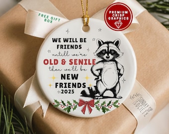 May include: A white ceramic ornament with a raccoon illustration and text that reads "WE WILL BE FRIENDS until we're OLD & SENILE then we'll be NEW FRIENDS 2025". The ornament has a gold string for hanging.