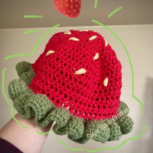 Strawberry Bucket Hat, Handmade, Crochet Beanie, Summer, Spring, Ruffle Brim Hat, Shortcake, Gifts for Her, Sustainable Fashion, Accessories
