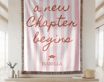 Personalized Graduation Blanket, Senior Gift for Her, College Graduate Throw, Custom Name Woven Blanket, Pink Stripe Decor