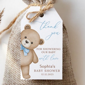 Étiquettes de remerciement imprimées pour baby shower ours en peluche, étiquettes de cadeau de shower de bébé garçon, étiquettes bleu personnalisées pour cadeaux de shower de bébé, PB215-1