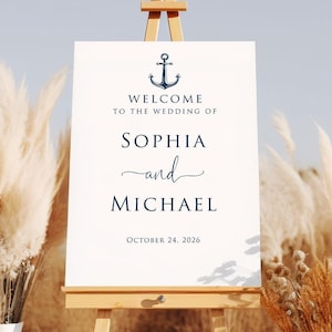 Panneau de bienvenue pour mariage nautique bleu marine avec ancre et polices de caractères bleues calligraphies, panneau en mousse imprimé, impression poster ou toile, PWP15