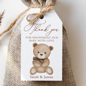 Étiquettes imprimées de faveur de baby shower d'ours en peluche, étiquettes de remerciement de baby shower de genre neutre, étiquettes personnalisées de cadeau de baby shower, PB212-2