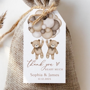 Étiquettes de faveur de baby shower jumelles imprimées en peluche ours en peluche, étiquettes de remerciement neutres en matière de genre, étiquettes personnalisées pour cadeaux de shower de bébé ours, PB212-3