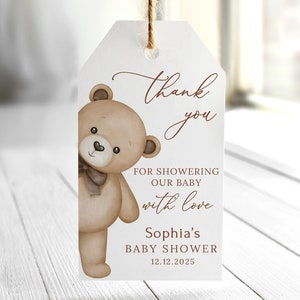 Étiquettes de remerciement imprimées pour baby shower ours en peluche, étiquettes de faveur de baby shower neutres en matière de genre, étiquettes personnalisées pour cadeaux de baby shower, PB212-1