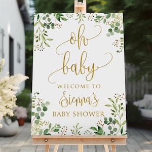 PRINTED Oh Baby Welcome Sign, Baby Shower Welcome Sign, Neutral Baby Shower, Greenery Welcome Sign, Eucalyptus Faux Gold Poster, PBS33-1