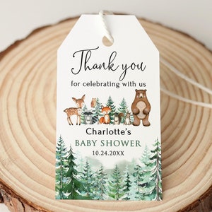 Étiquettes de faveur imprimées Woodland Baby Shower, étiquettes de remerciement pour baby shower animaux de la forêt, étiquettes pour cadeaux de baby shower d'hiver, P23-1