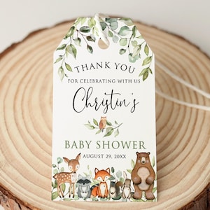 Étiquettes de remerciement impression verdure Woodland Baby Shower, étiquettes de faveur de shower de bébé animaux de la forêt, étiquettes cadeaux, P24-1
