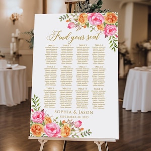 PRINTED or DIGITAL Hot Pink and Orange Seating Chart, Floral Hot Pink Seating Plan, Pink Orange Wedding Guest Table Plan, Faux Gold PW58-1