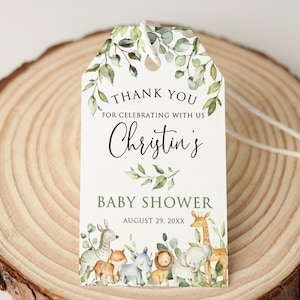 Étiquettes de remerciement imprimées verdure Safari Baby Shower, étiquettes de faveur de shower de bébé animaux de la jungle, étiquettes cadeaux, P18-1