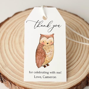 Étiquettes imprimées et expédiées de faveur de hibou, étiquettes de remerciement d'anniversaire de hibou, shower de bébé, étiquette de faveurs des bois, étiquettes de cadeaux, P33-1