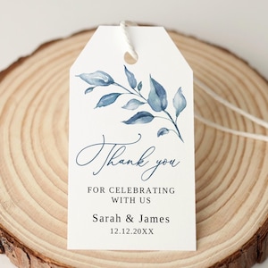 Étiquettes de faveur de mariage bleu poussiéreux imprimées et expédiées, étiquettes de remerciement florales, étiquettes de cadeaux de fête, PB63-1