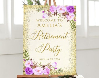 Purple Retirement Welcome Sign, Printed Retirement Party Sign, Floral Retire Poster, Faux Gold, Foam Board or Canvas, PBW24