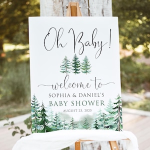 Cartel de bienvenida para baby shower de invierno, cartel de bienvenida con temática de bosque, decoración de baby shower con temática de bosque de pinos, IMPRESO Y ENVIADO, PW1264-1