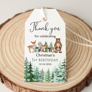 IMPRIMÉ étiquettes de faveur d'anniversaire des bois, animaux de la forêt 1er anniversaire Merci, étiquettes cadeaux, P23-2