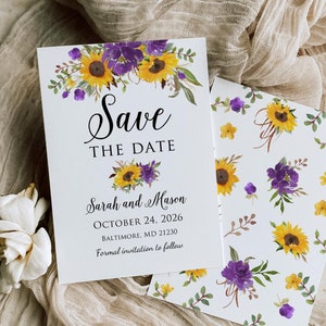 IMPRIMÉ ou NUMÉRIQUE Tournesol et mariage rose pourpre Cartes "Retenez cette date" recto-verso avec enveloppes, PW1465