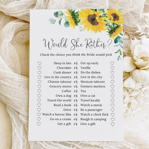 IMPRIMÉ jeux de douche nuptiale tournesol, serait-elle plutôt jeu de douche nuptiale, jeux de EVJF, jeu de société pour couples, cartes de vœux, PW1265