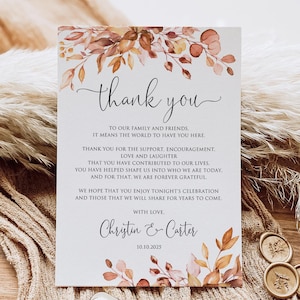 Cartes de remerciement de mariage imprimées ou numériques, marque-place de remerciement pour mariage d'automne, cartes de remerciement orange brûlé, note de serviette de table, PW1212