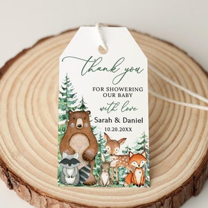 Étiquettes de faveur de shower de bébé animaux de la forêt, étiquettes de remerciement forêt, étiquettes pour cadeaux de shower de bébé hiver, P23-5