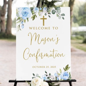 PRINTED Blue Floral Confirmation Welcome Sign, Boys Christening Welcome ...