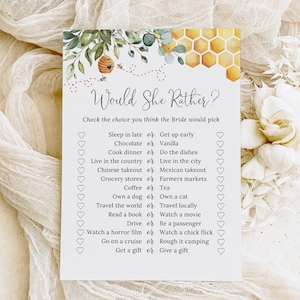 PRINTED or DIGITAL Bee Bridal Shower Games, Would She Rather Bridal Shower Game, Honey Bridal Shower, Wedding Shower Games, PW1497 image 1