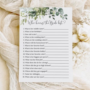 PRINTED or DIGITAL Botanical Bridal Shower Game Who Knows The Bride Best, Greenery Bridal Shower Trivia, Couples Shower Activity, PW1124