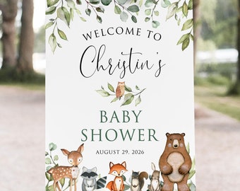 PRINTED or DIGITAL Greenery Woodland Baby Shower Welcome Sign with Cute Forest Animals, P24-1