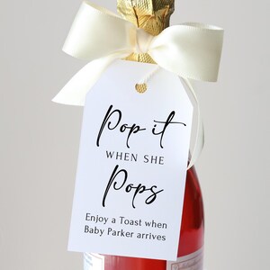 Étiquettes décoratives « Pop It quand elle éclate » imprimées ou numériques, étiquettes de remerciement pour baby shower modernes, étiquettes à champagne, étiquettes neutres pour cadeaux de baby shower PW221-1