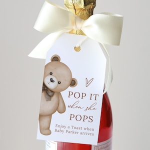 Étiquettes imprimées ou numériques Pop It quand elle éclate, étiquettes de remerciement pour baby shower ours en peluche, étiquettes à champagne, étiquettes neutres pour cadeaux de baby shower, PB212-4
