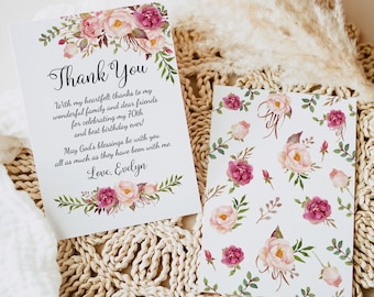 PRINTED or DIGITAL Floral Birthday Thank You Cards with Envelopes, Pink 70th Birthday Thank You Note, Double Sided, PW99-1