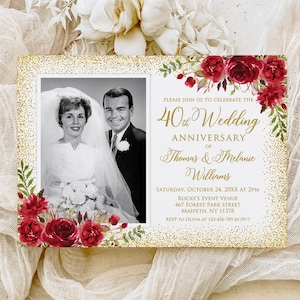 May include: A gold glitter-framed invitation for a 40th wedding anniversary. The invitation features a black and white photo of the couple, burgundy floral accents, and gold script text. The text reads "40th Wedding Anniversary of Thomas & Melanie Williams."